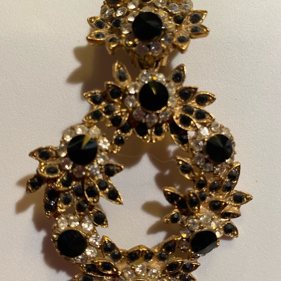 THELMA DEUTSCH EARRINGS:Vintage 80’s GOLD/BLACK STONES/ RHINESTONE large Dangle - Picture 3 of 4
